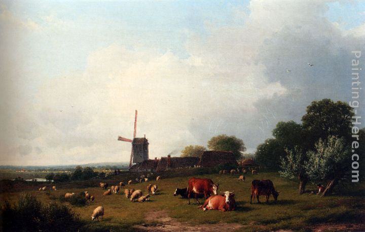 Eugene Verboeckhoven A Panoramic Summer Landscape With Cattle Grazing In A Meadow By A Windmill
